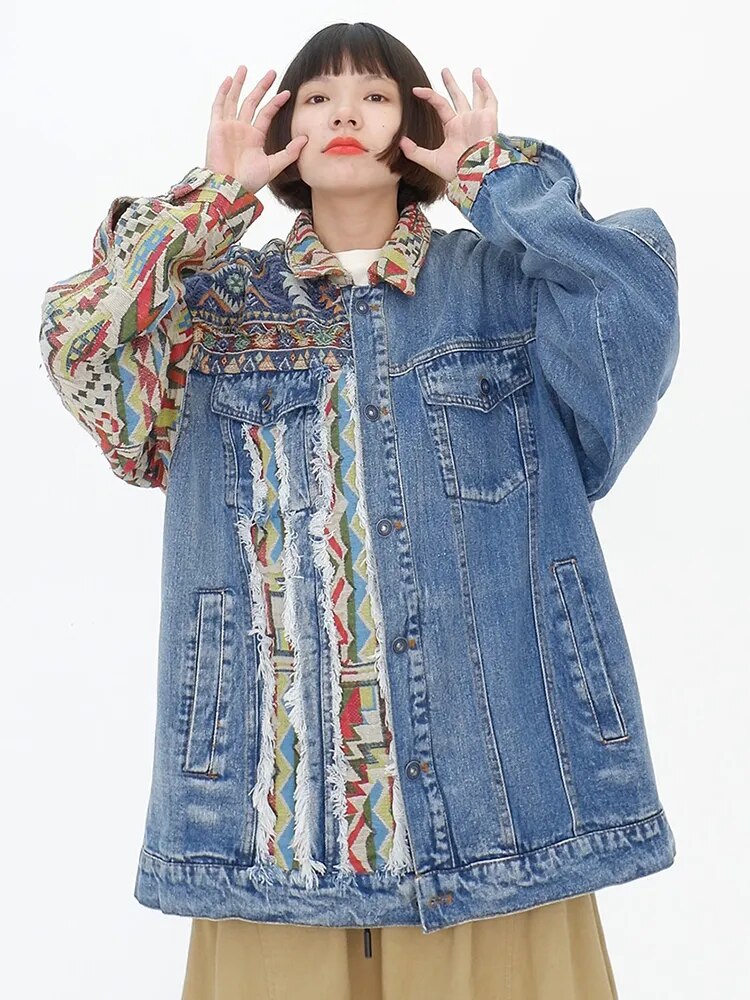 Autumn New Denim Coat For Women Lapel Embroidery Ethnic Style Outwear Burrs Patchwork Wash Jacket