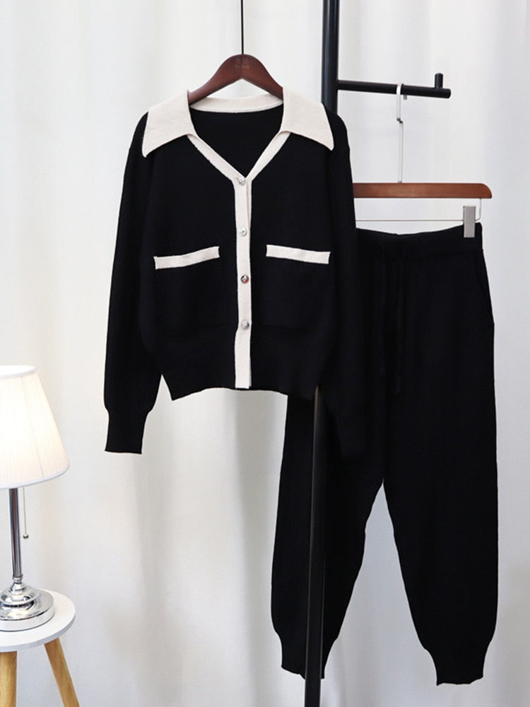 Autumn And Winter New Style Knitting Sports Suit Casual Age Reducing Sweater Cardigan Trousers Two-Piece Set