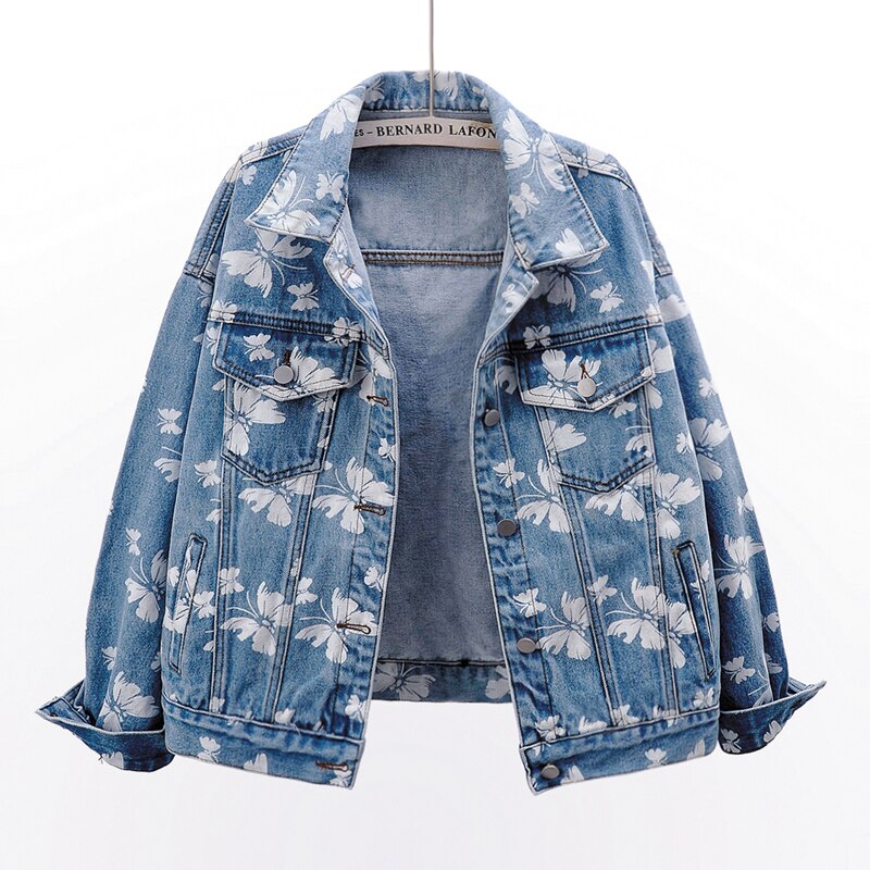 Spring Korean Fashion Butterfly Print Denim Jacket Women Blue Outerwear Casual Loose Short Jeans Jacket Coat Female Streetwear