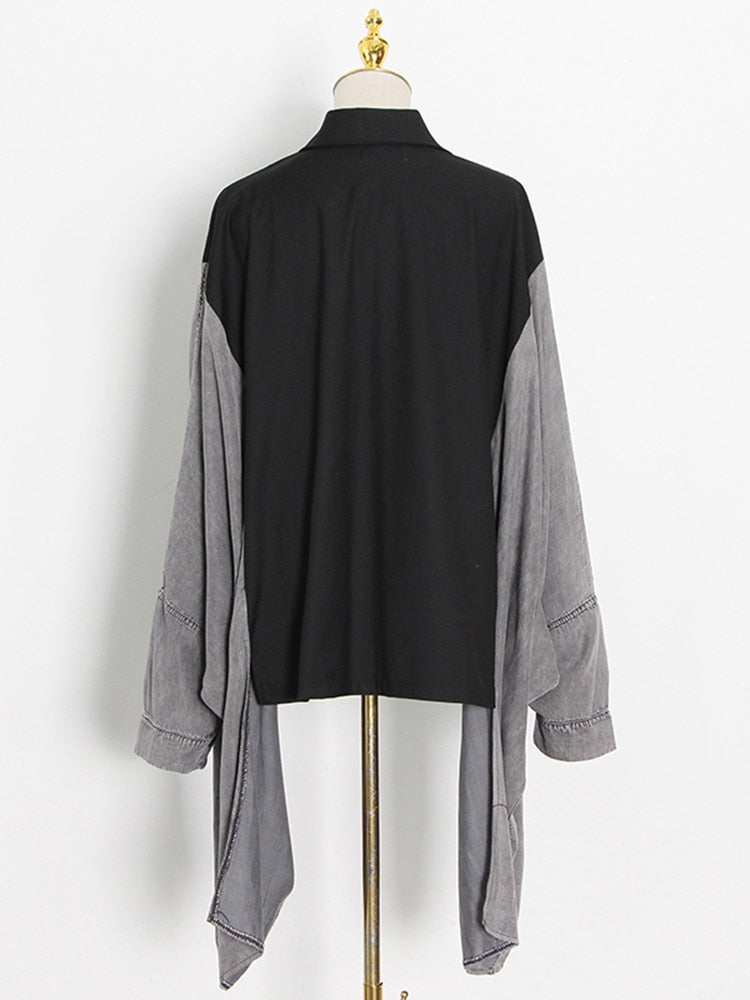 Patchwork Colorblock Coat For Female Lapel Batwing Sleeve Causal Loose Coats Women Spring Clothes Fashion New Style