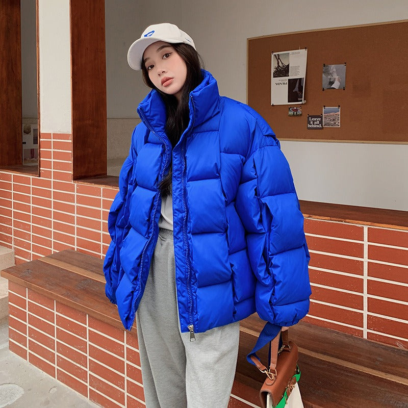 Autumn Winter Women Fashion Weave Short Cotton Parka Coat Stand Collar Long Sleeve Blue Rose Red Black Cotton-Padded Outerwear