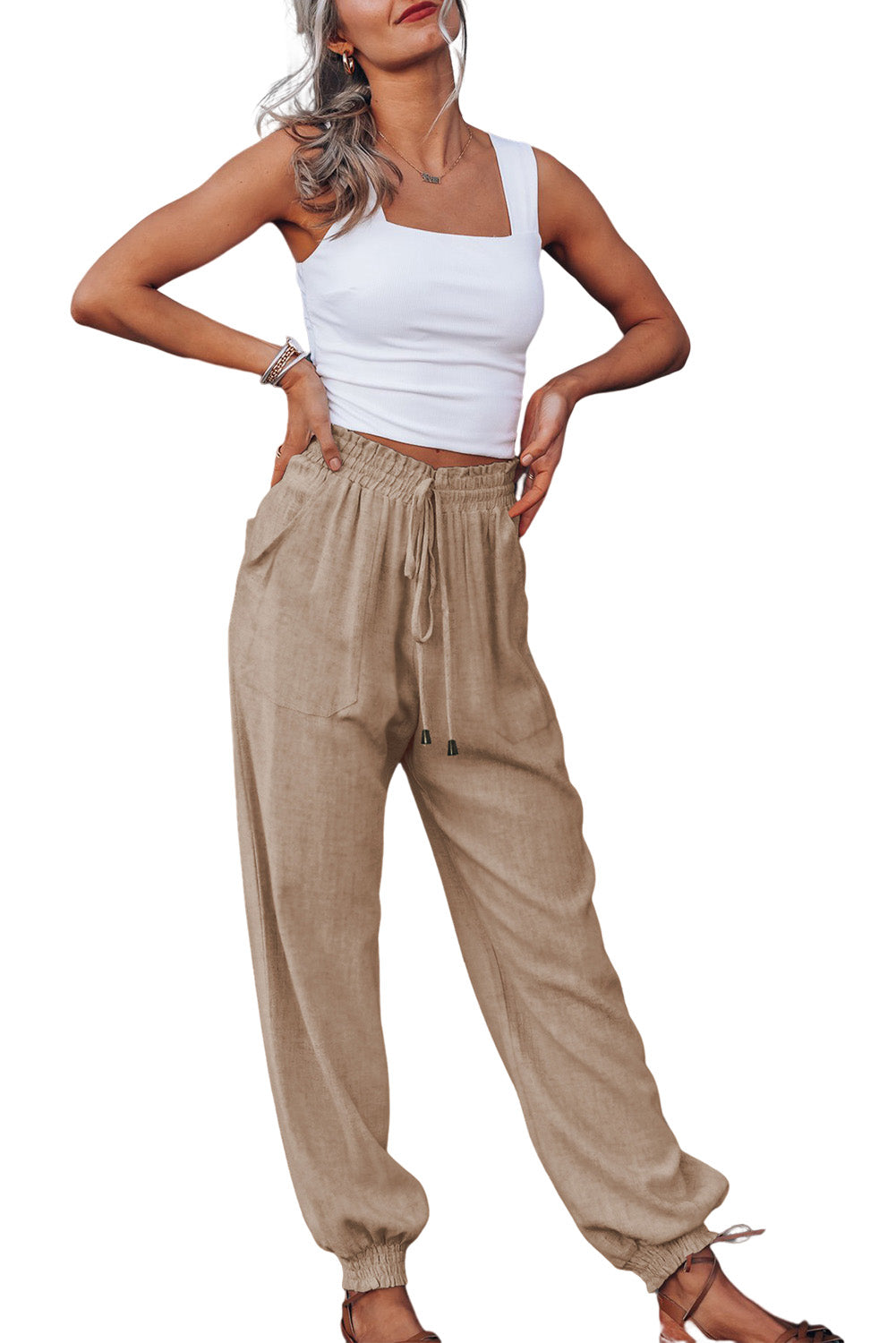 Apricot Elastic Drawstring Harem Womens Pants - US2EInc Apparel Plug Ltd. Co
