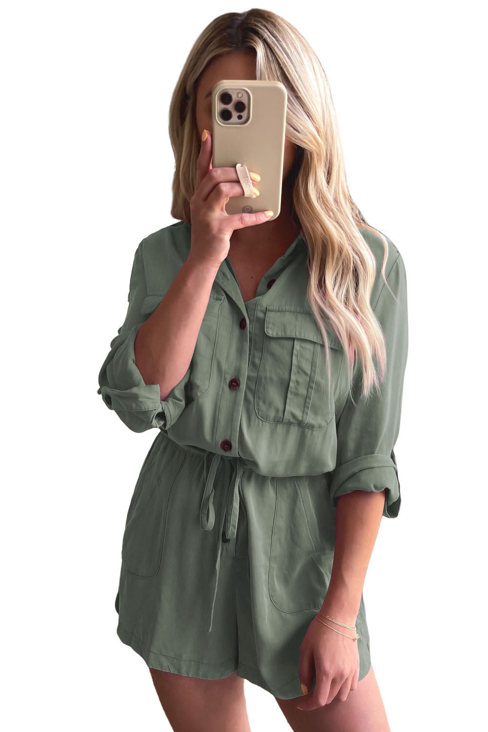 Jungle Green Roll up Sleeve Flap Pockets Womens Drawstring Playsuit - US2EInc Apparel Plug Ltd. Co