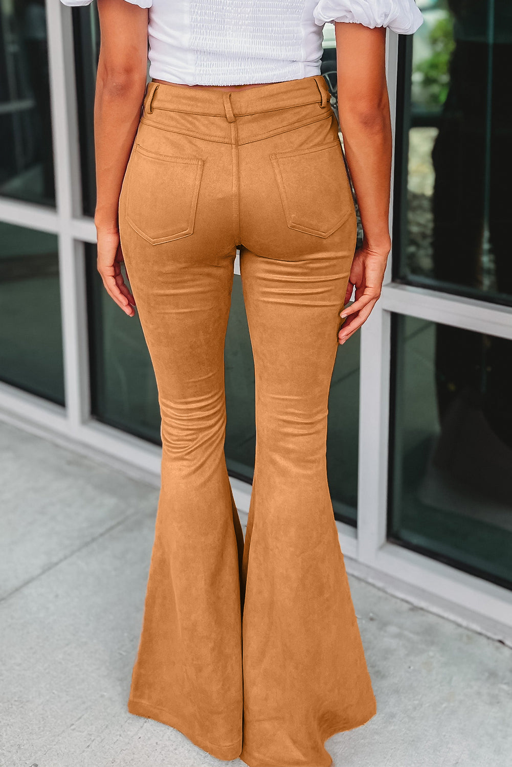 Brown Exposed Seam Flare Suede Womens Pants with Pockets - US2EInc Apparel Plug Ltd. Co