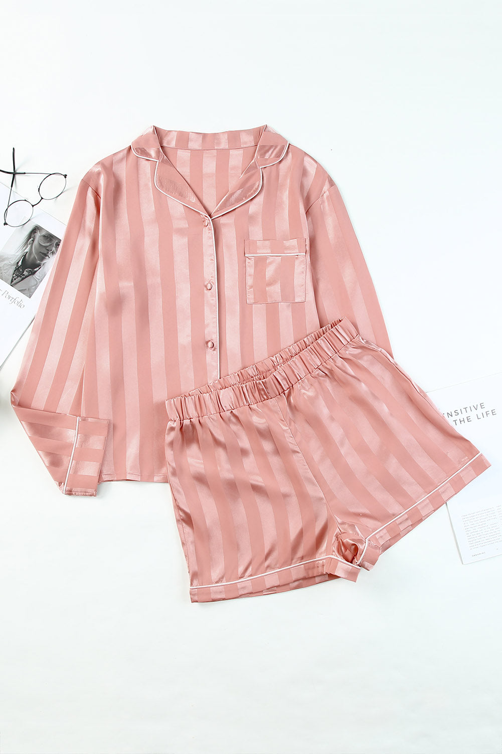Pink Striped Print Buttoned Shirt and Drawstring Womens Shorts Lounge Set - US2EInc Apparel Plug Ltd. Co