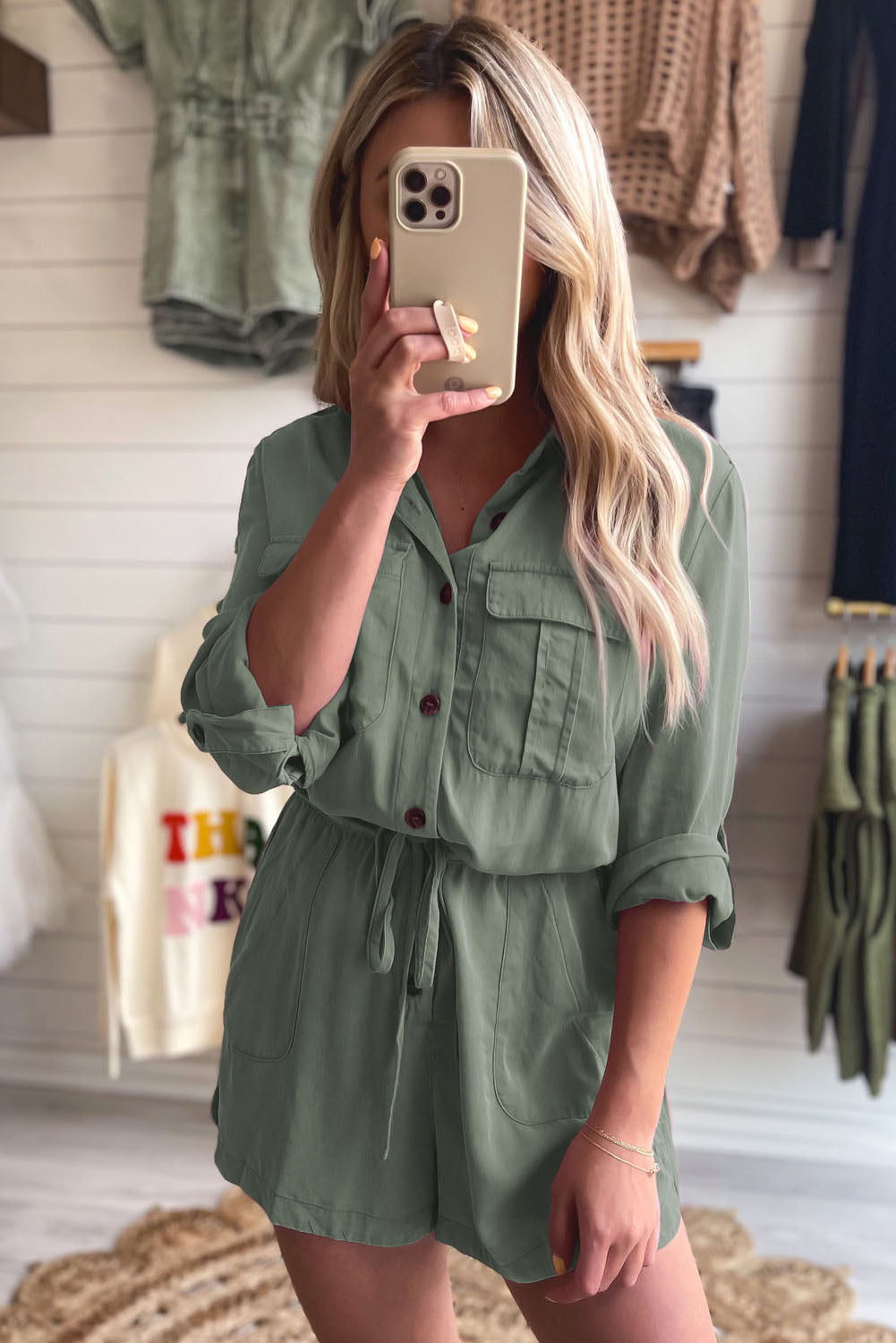 Jungle Green Roll up Sleeve Flap Pockets Womens Drawstring Playsuit - US2EInc Apparel Plug Ltd. Co