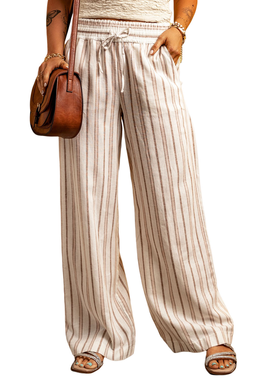 Khaki Striped Print Drawstring High Waist Casual Womens Pants - US2EInc Apparel Plug Ltd. Co