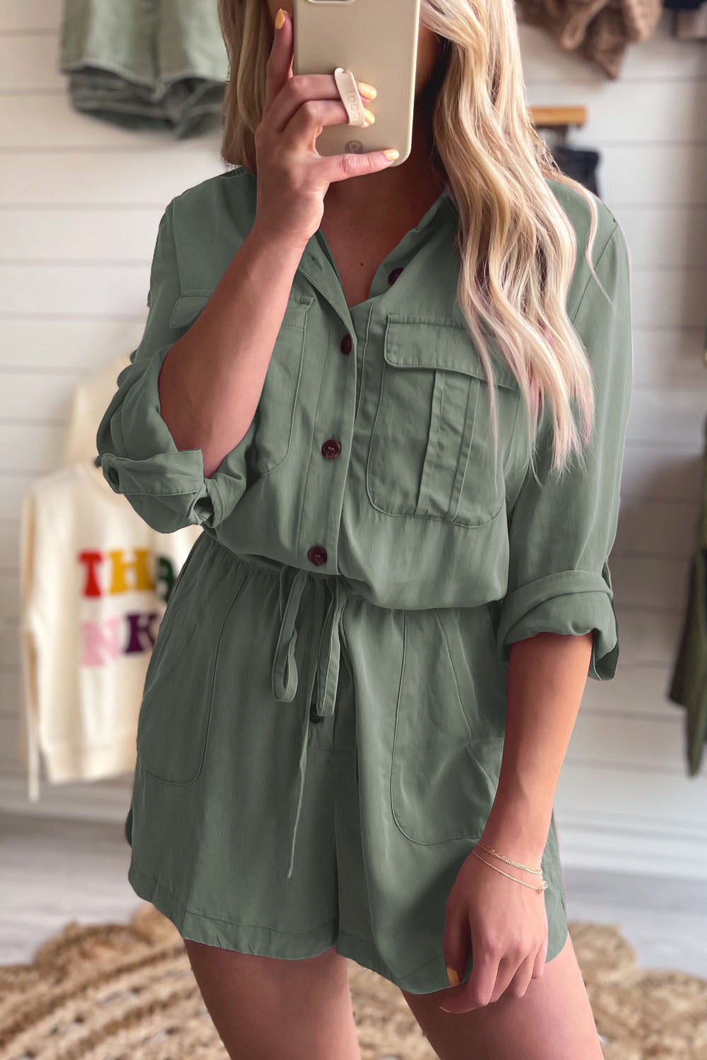 Jungle Green Roll up Sleeve Flap Pockets Womens Drawstring Playsuit - US2EInc Apparel Plug Ltd. Co