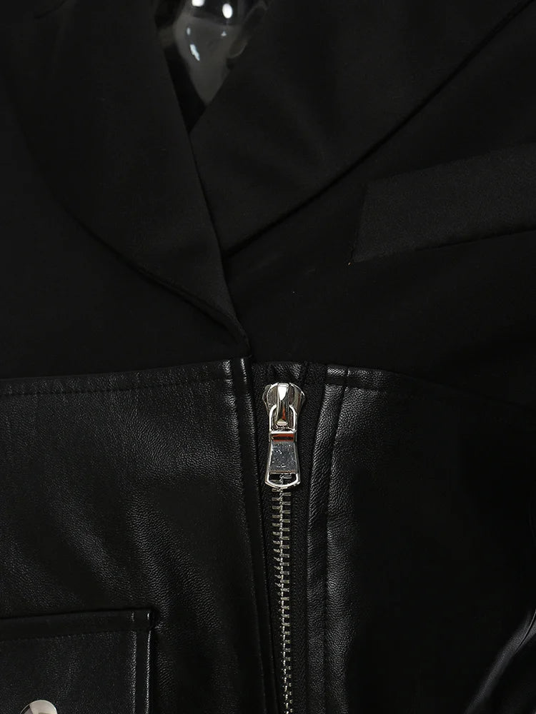 Fashion Women Short Jackets Belt Notched Flounce Three Quarter Spliced Pu Leather Zipper Slim Coats Winter