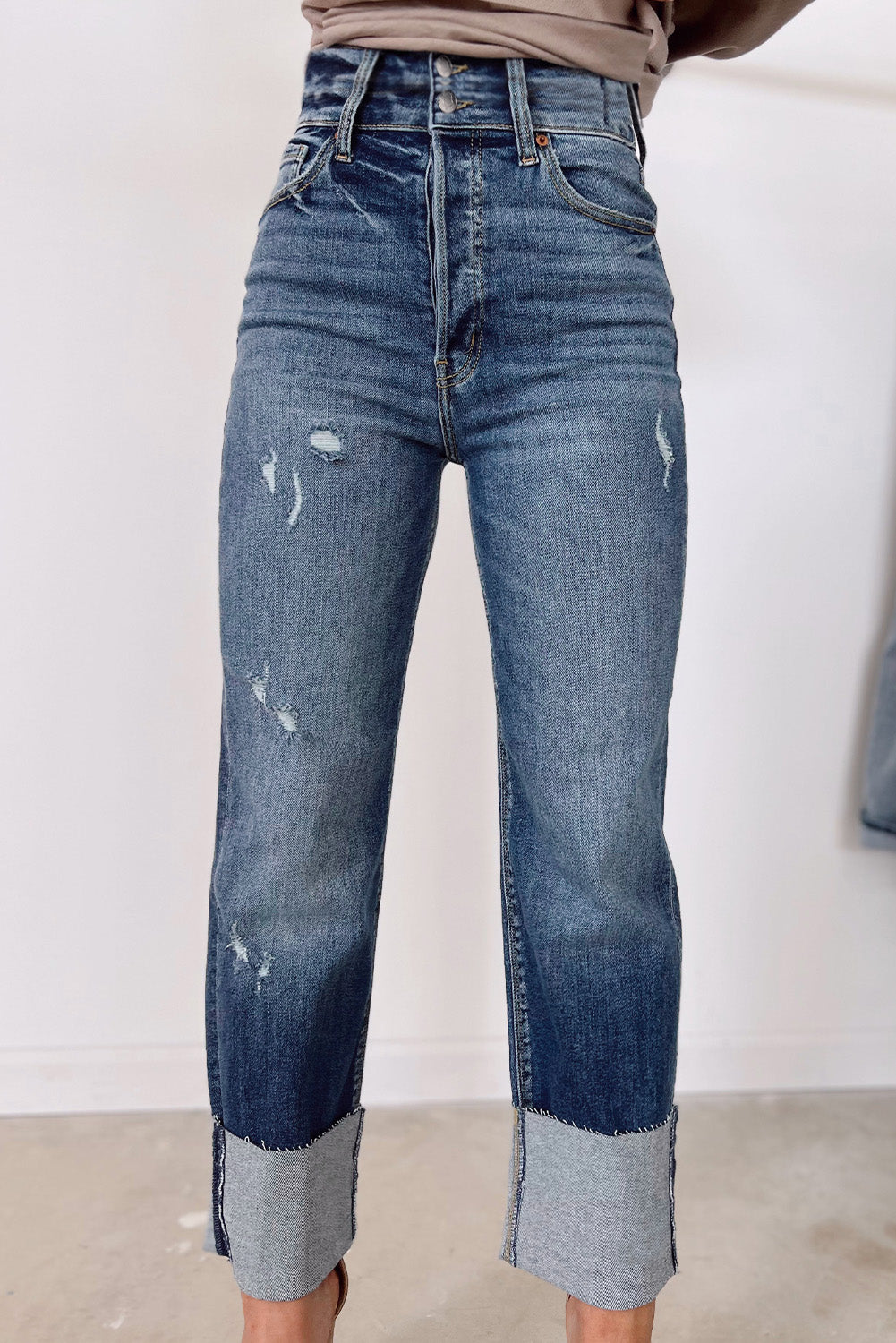 Blue High Waist Distressed Straight Leg Womens Jeans - US2EInc Apparel Plug Ltd. Co