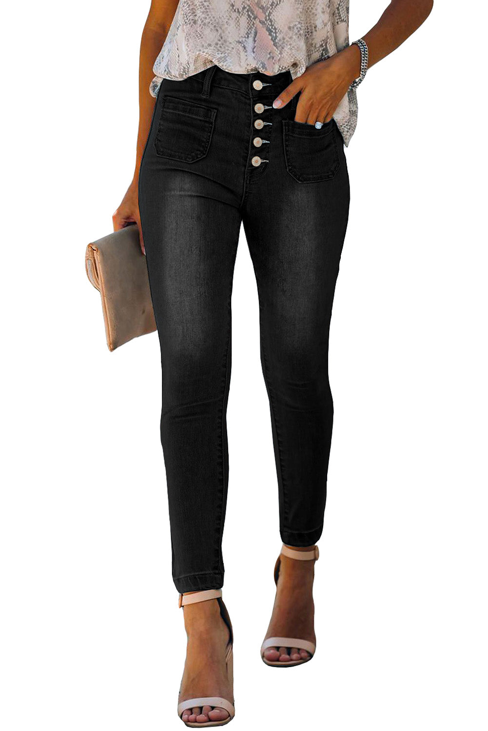 Black Button Fly Womens Skinny Jeans with Pockets - US2EInc Apparel Plug Ltd. Co