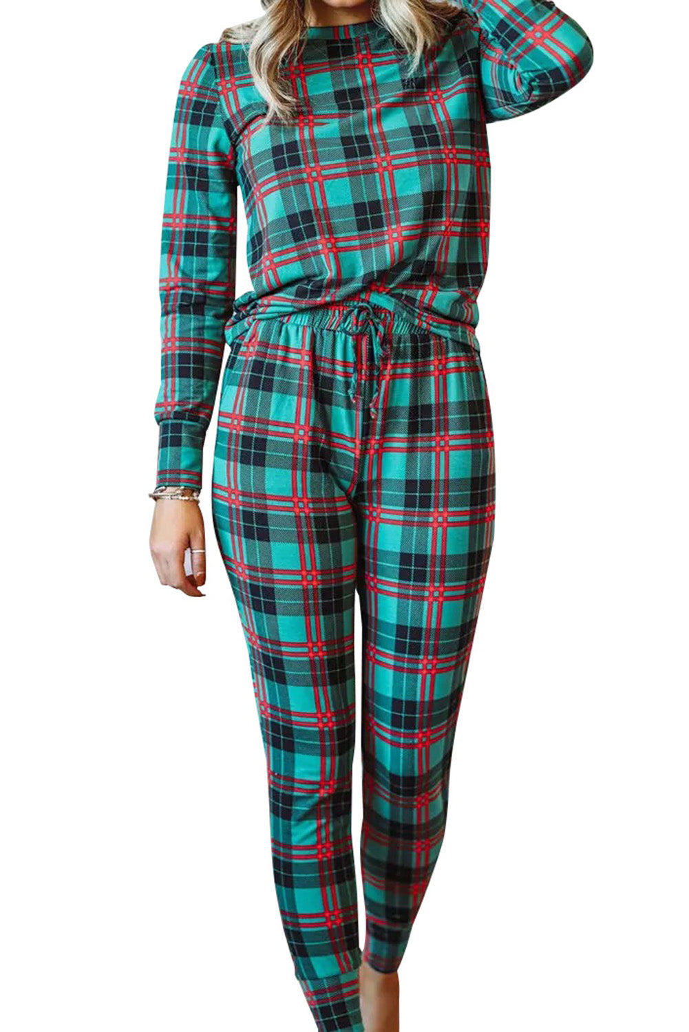 Green Plaid Print Long Sleeve Top and Drawstring Joggers Pajama Set - US2EInc Apparel Plug Ltd. Co