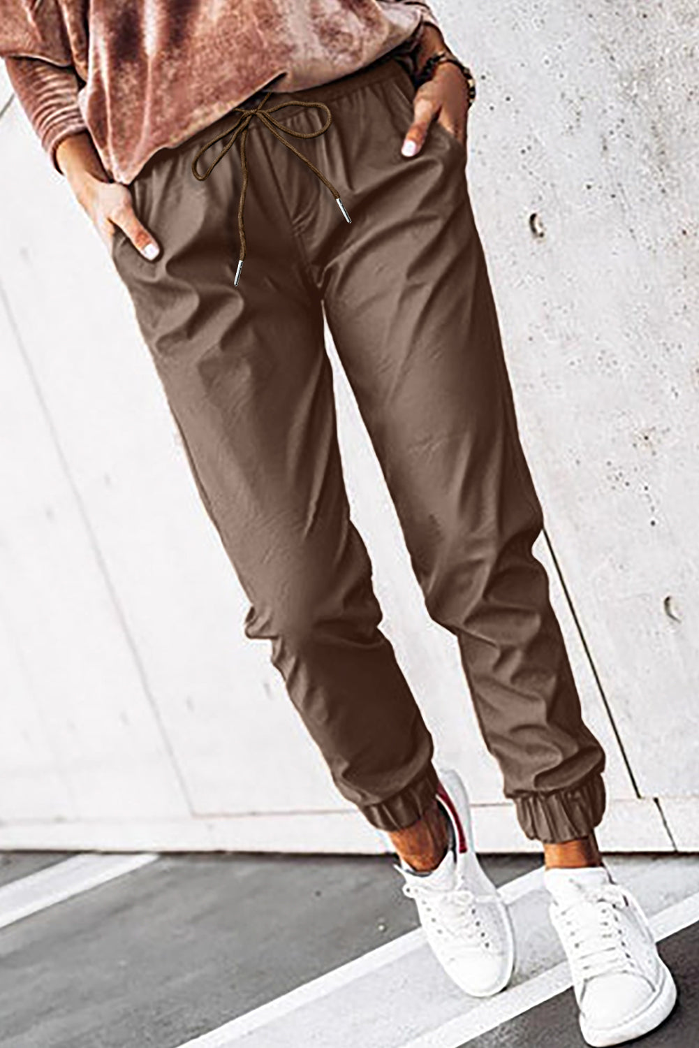 Brown Leather Tie Waist Jogger Womens Pants - US2EInc Apparel Plug Ltd. Co