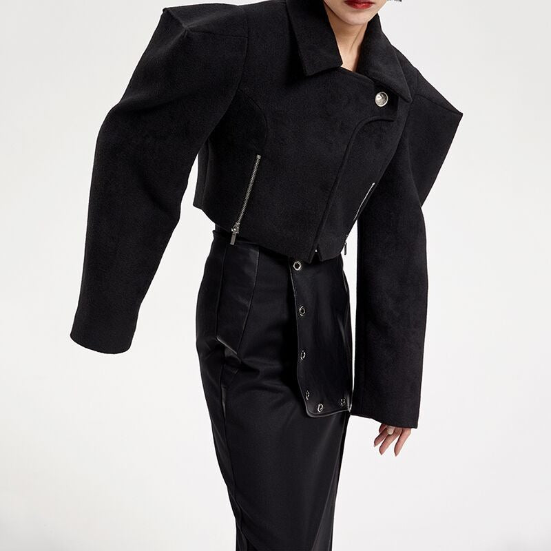 Fashion Women's Jackets Lapel Silhouette Wide Shoulder Covered Button Super Short Lady Coat