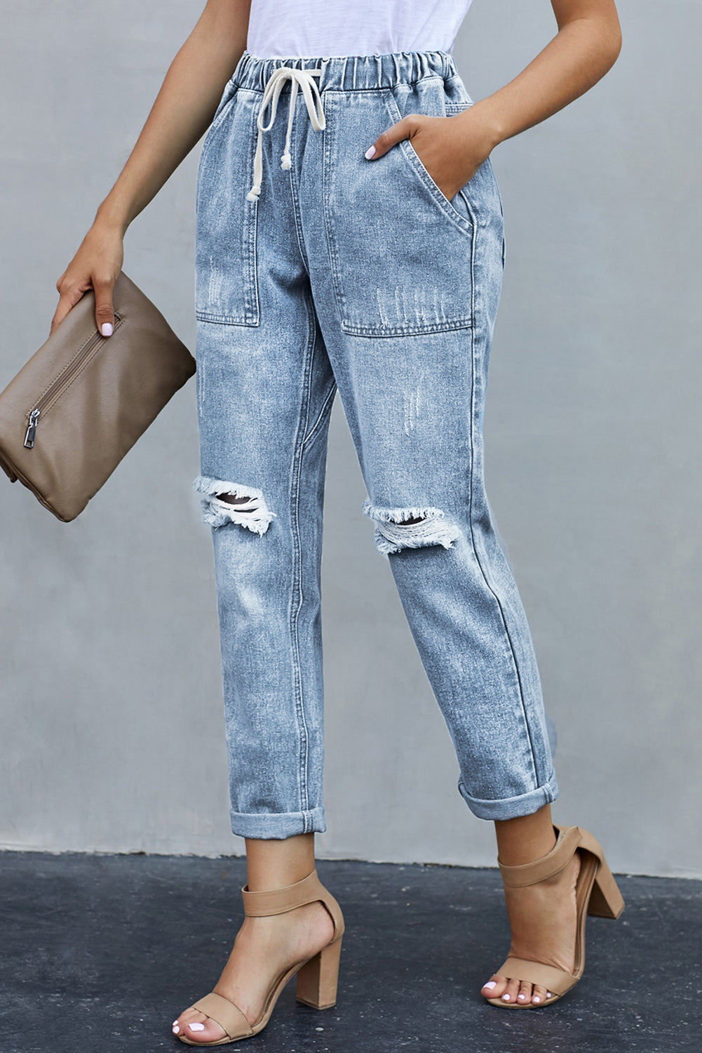 Black Gather Round Distressed Pocketed Denim Womens Jogger - US2EInc Apparel Plug Ltd. Co