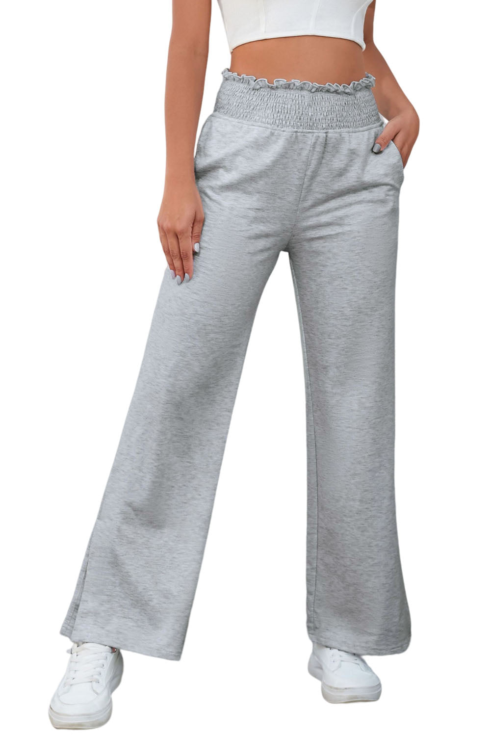 Gray Smocked Waist Pocketed Womens Pants - US2EInc Apparel Plug Ltd. Co