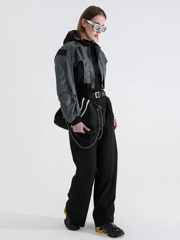 Fashion Women's Jackets Hooded Zipper Patchwork Contrast Color Long Sleeve Reflective  Short Pilot Jackets Autumn