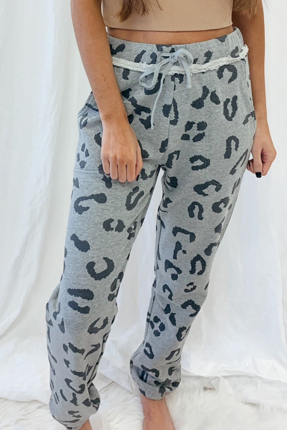 Gray Leopard Print Drawstring High Waist Jogger Womens Pants - US2EInc Apparel Plug Ltd. Co