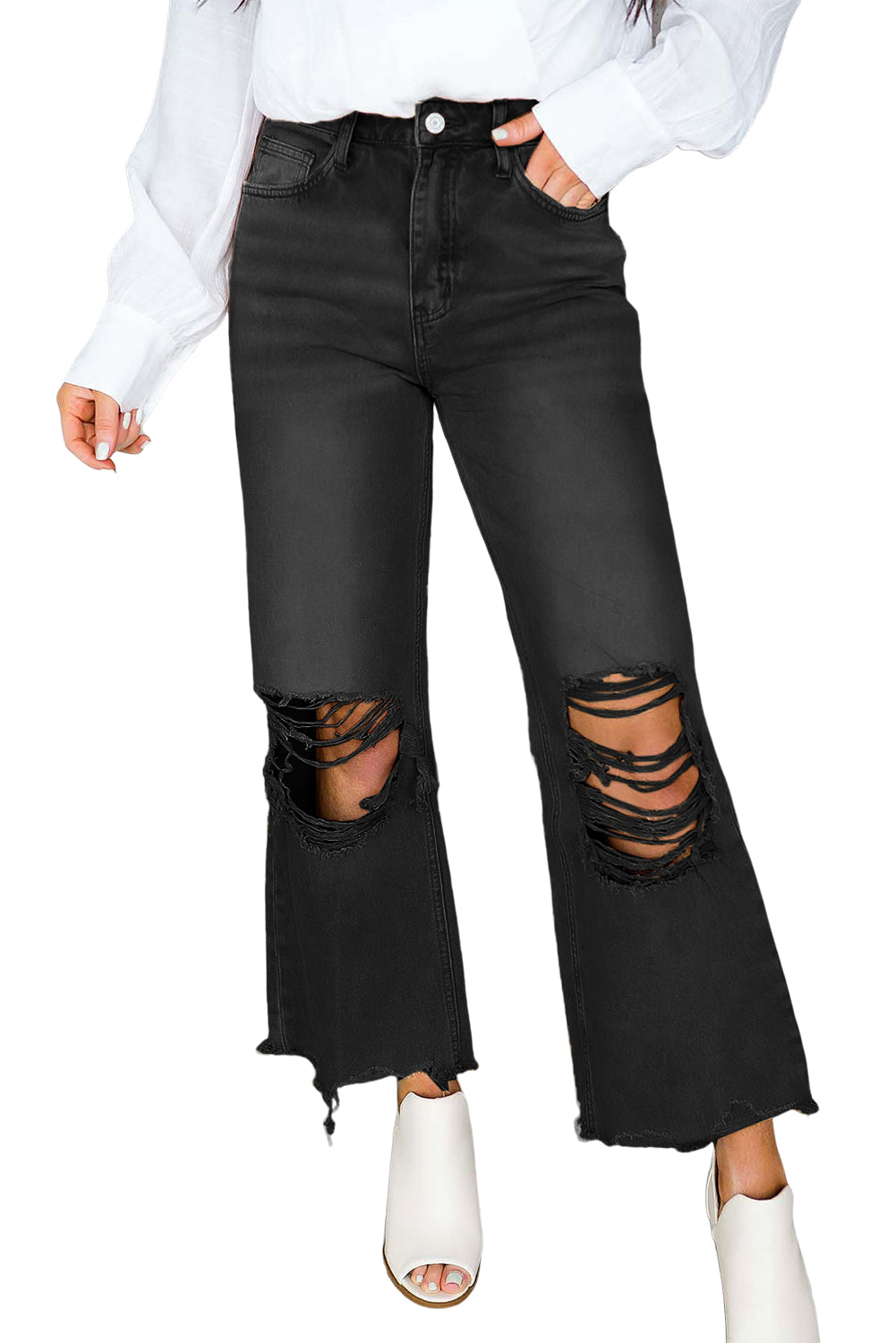 Black Distressed Hollow-out High Waist Cropped Flare Womens Jeans - US2EInc Apparel Plug Ltd. Co
