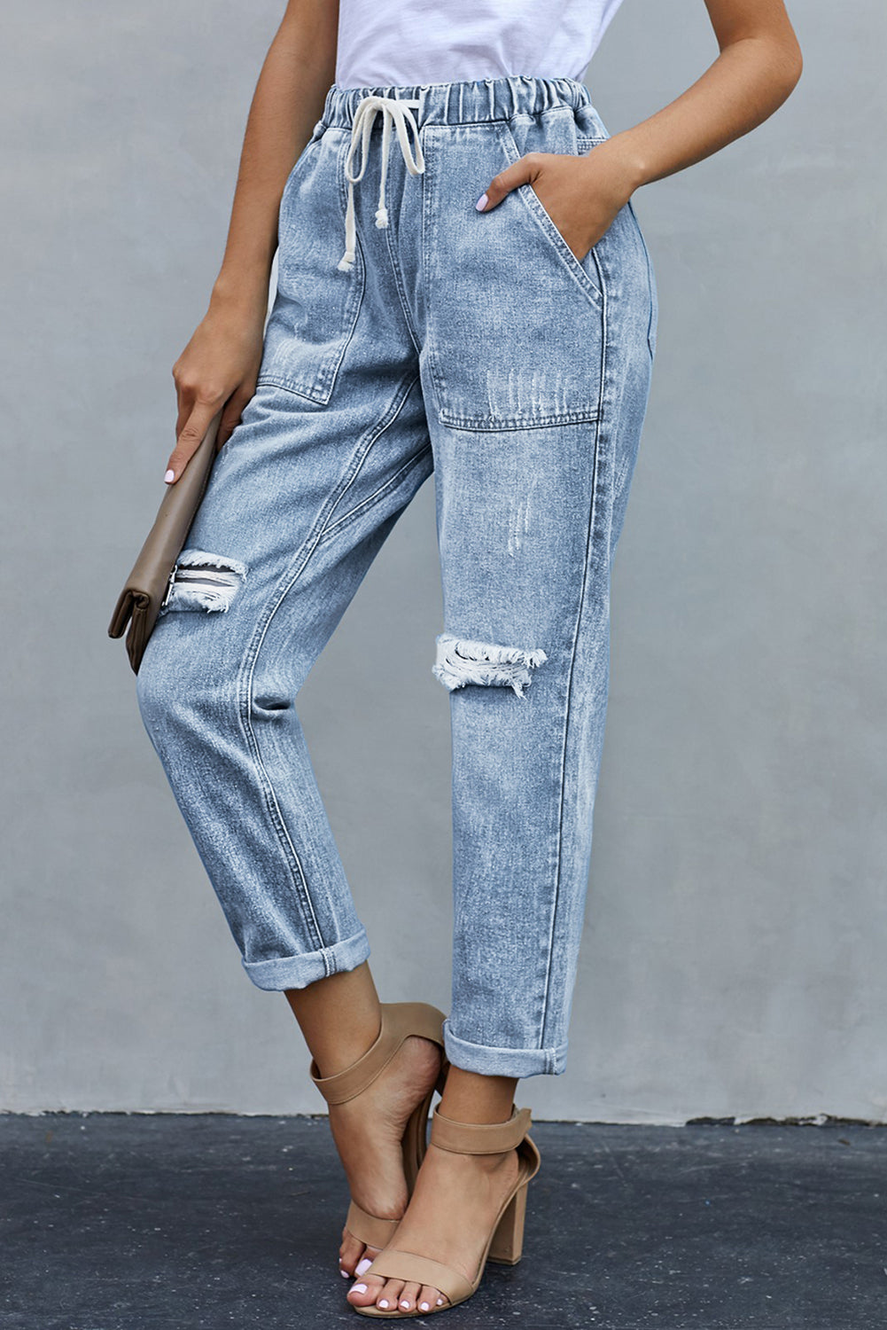 Black Gather Round Distressed Pocketed Denim Womens Jogger - US2EInc Apparel Plug Ltd. Co