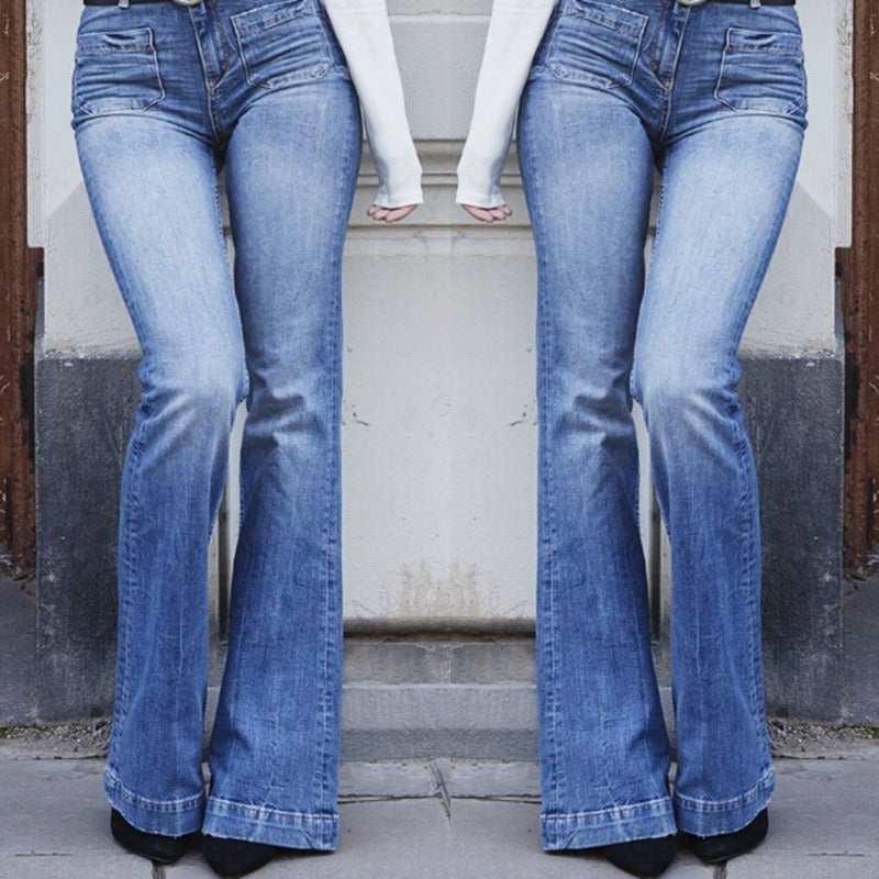 Women's Flared Jeans Stretch Fashion High Waist Vintage Casual Full Length Slim Streetwear Wide Leg Flare Pants
