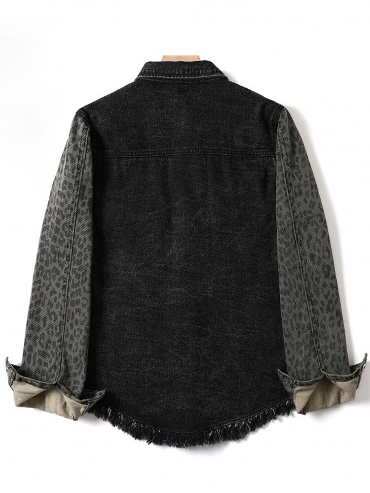 New Leopard Pattern Loose Women's Denim Coat Lapel Single Breasted Double Pocket Jacket Female