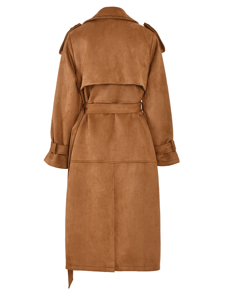 Women Brown Suede Big Size Elegant Trench New Lapel Long Sleeve Loose Fit Windbreaker Fashion Spring Autumn