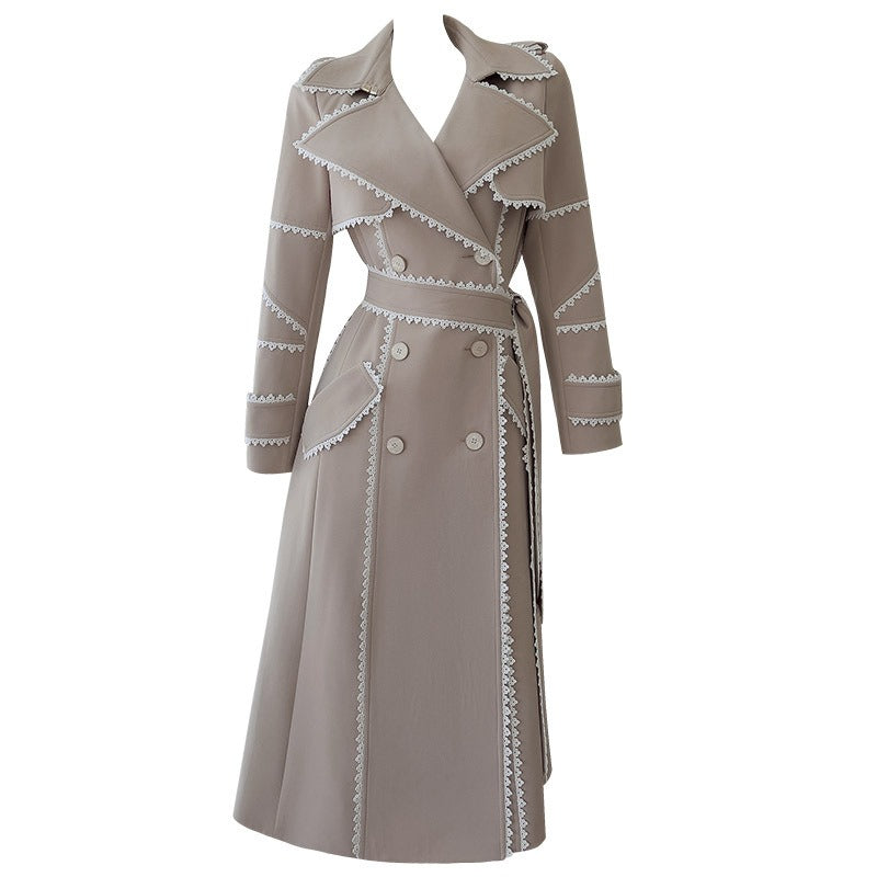 Elegant Khaki Contrast Color Lace-up Trench Coat For Women