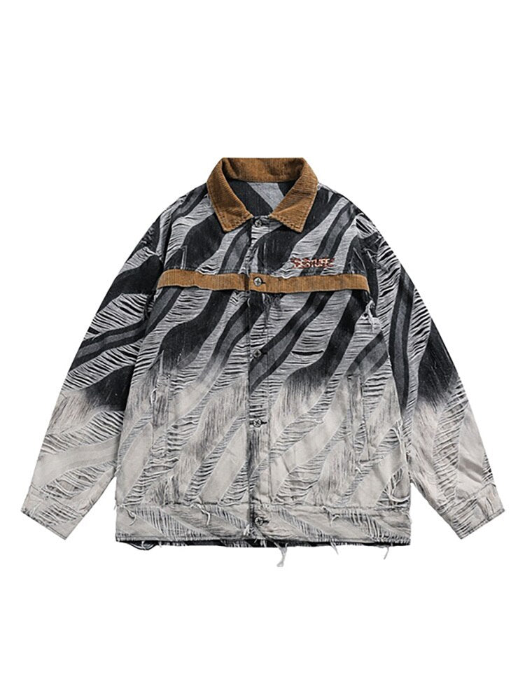 Women's Denim Coat Destroy Wash Brushed Gradient Ripped Do Old Long Sleeve Holes Jackets