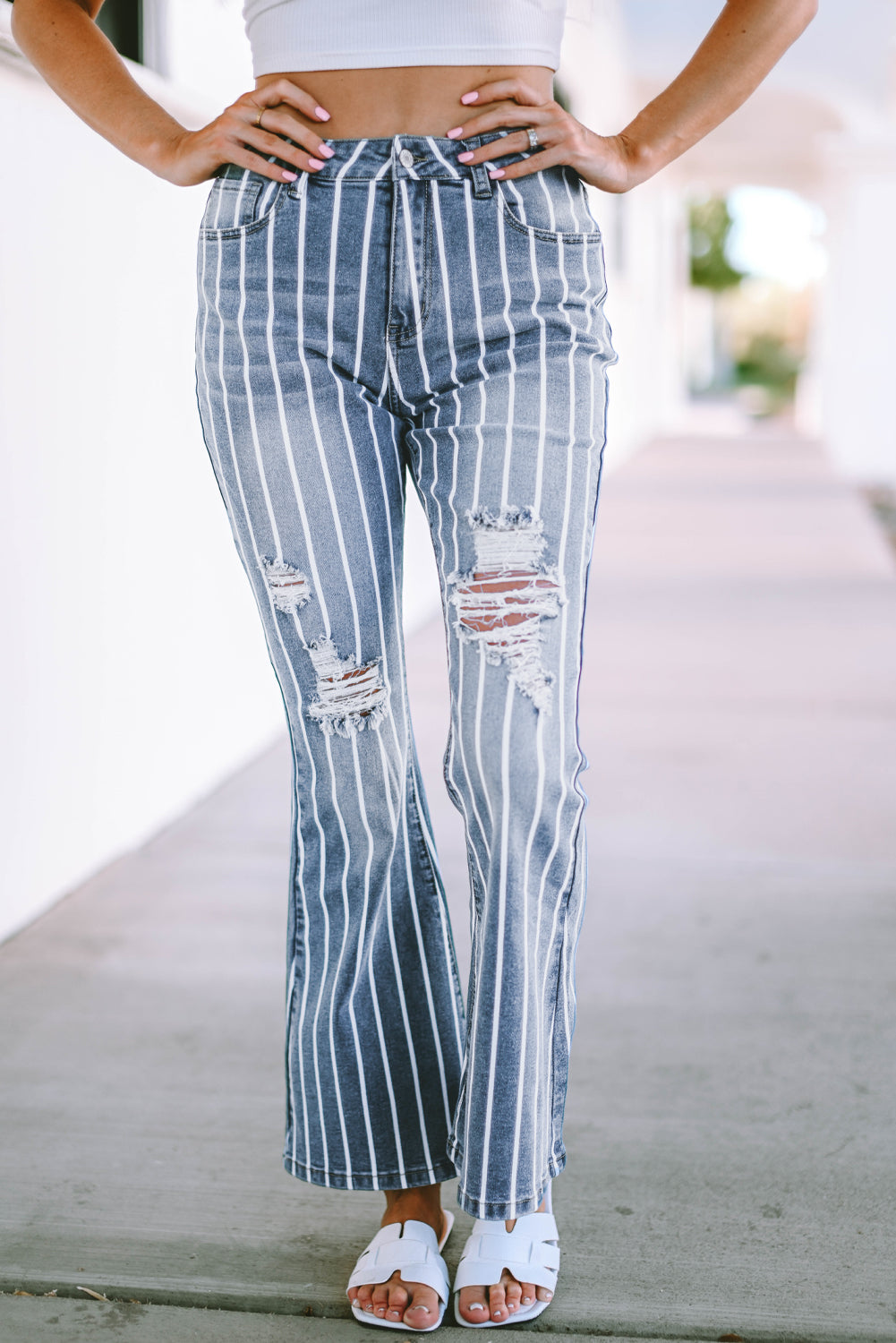 Sky Blue Vertical Striped Ripped Flare Womens Jeans - US2EInc Apparel Plug Ltd. Co