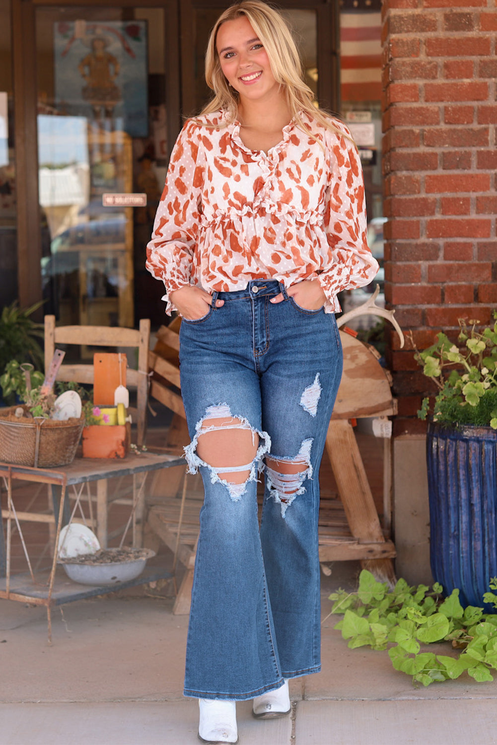 Womens Blue High Waist Distressed Cutout Flare Leg Jeans - US2EInc Apparel Plug Ltd. Co