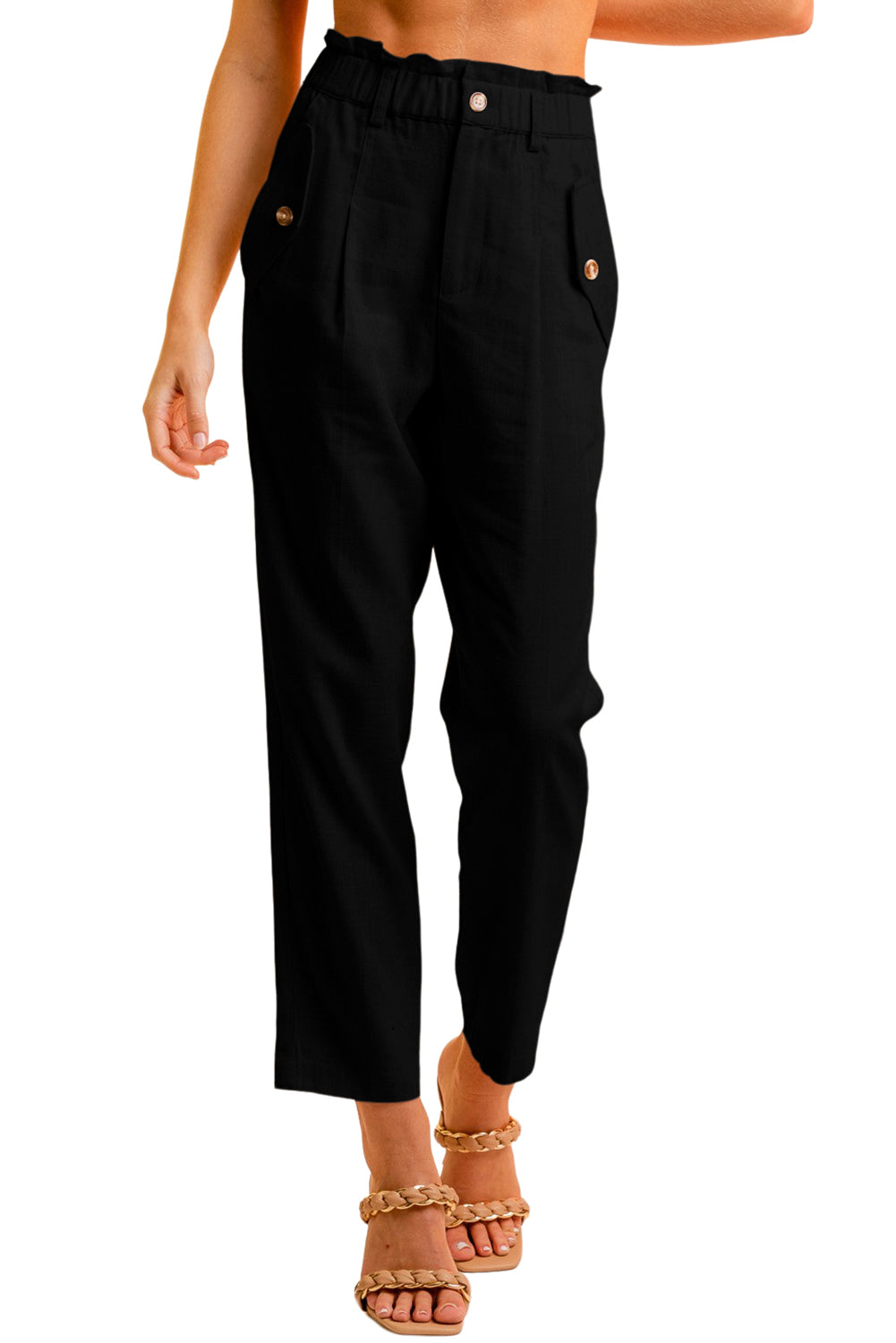 Black Button Flap Pocket High Waisted Linen Womens Pants - US2EInc Apparel Plug Ltd. Co