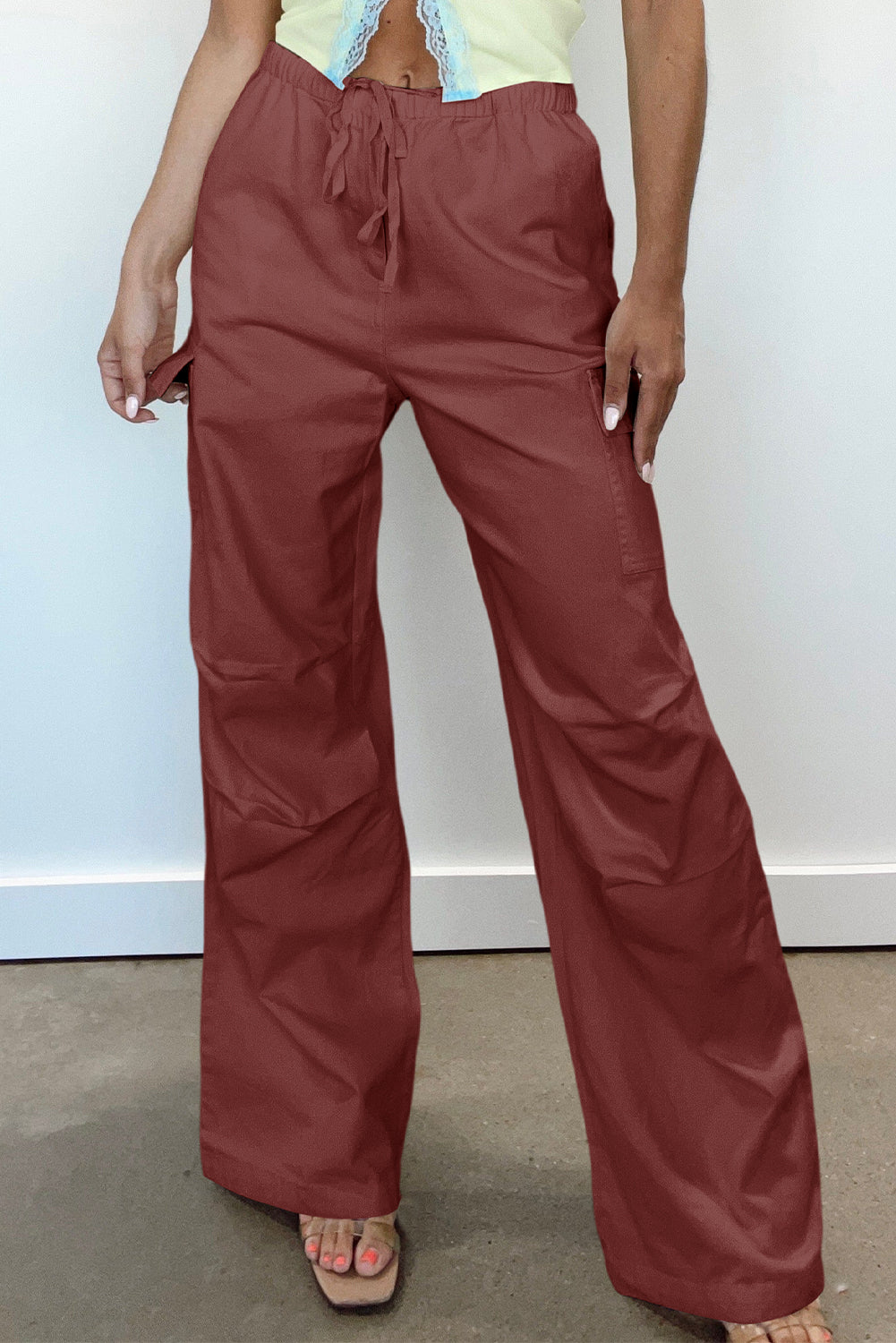 Mineral Red Solid Color Drawstring Waist Wide Leg Cargo Womens Pants - US2EInc Apparel Plug Ltd. Co