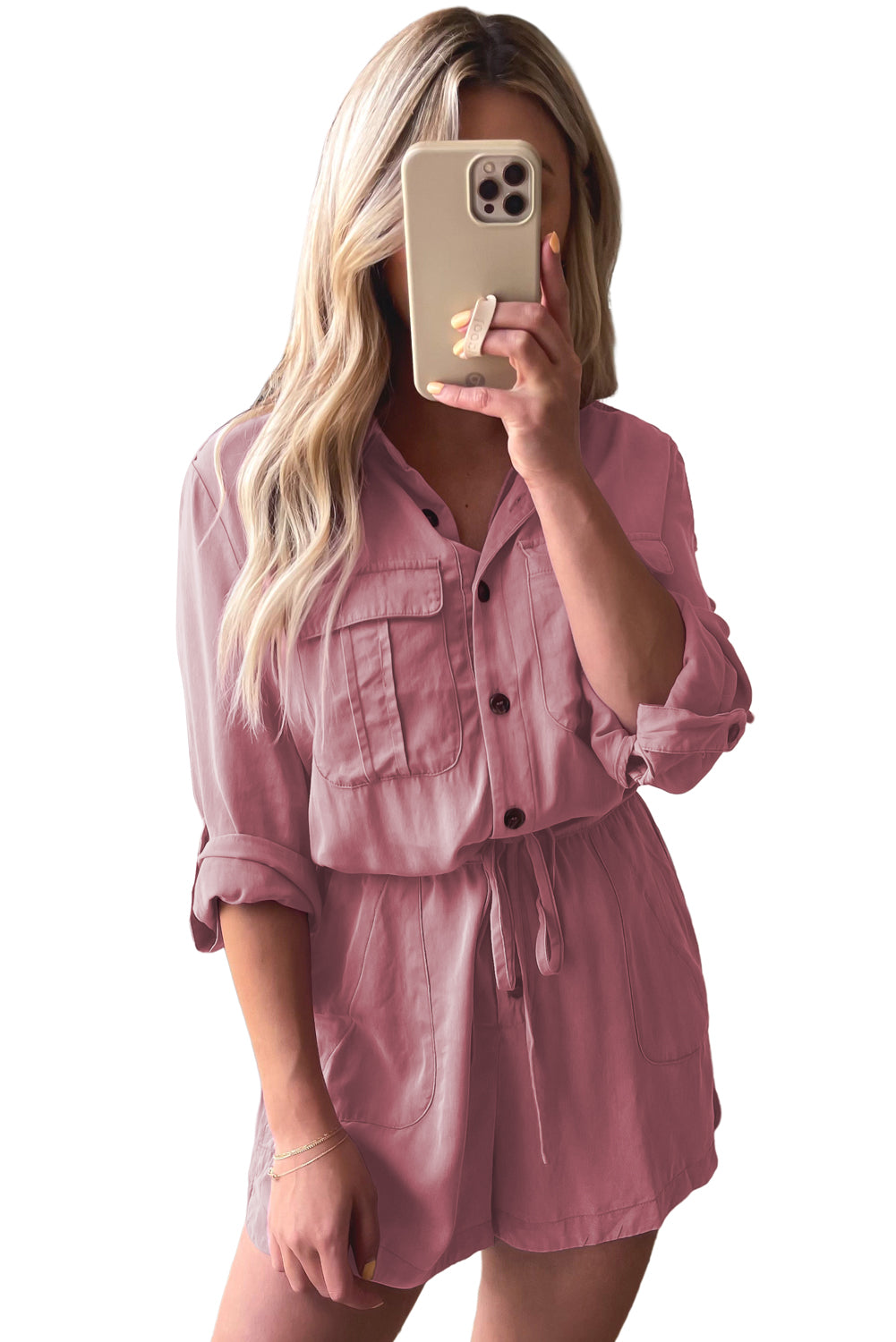 Jungle Green Roll up Sleeve Flap Pockets Womens Drawstring Playsuit - US2EInc Apparel Plug Ltd. Co
