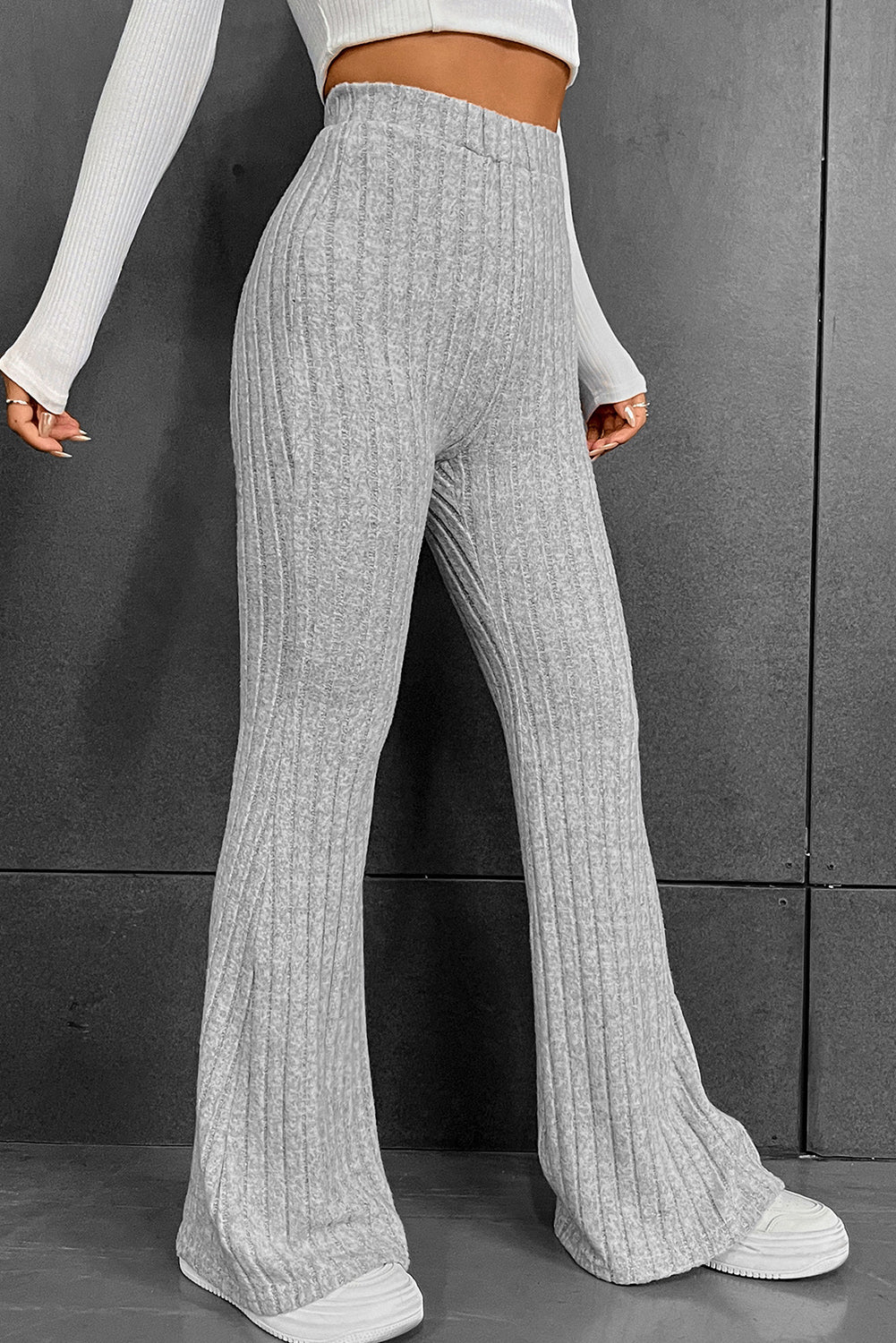 Gray Solid Color High Waist Ribbed Flare Womens Pants - US2EInc Apparel Plug Ltd. Co