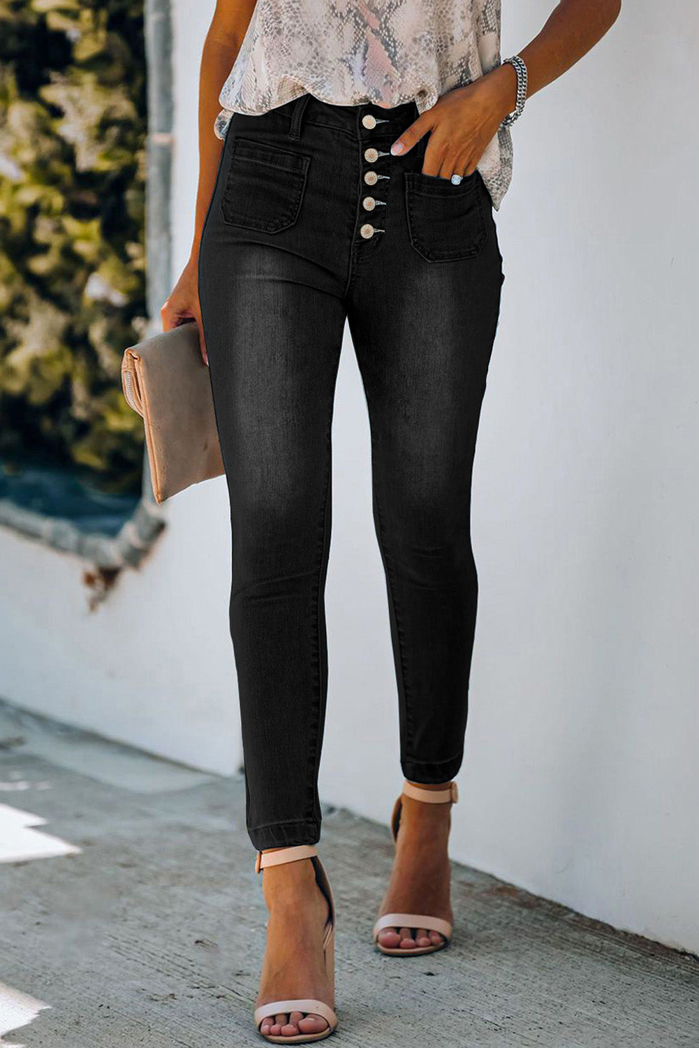 Black Button Fly Womens Skinny Jeans with Pockets - US2EInc Apparel Plug Ltd. Co