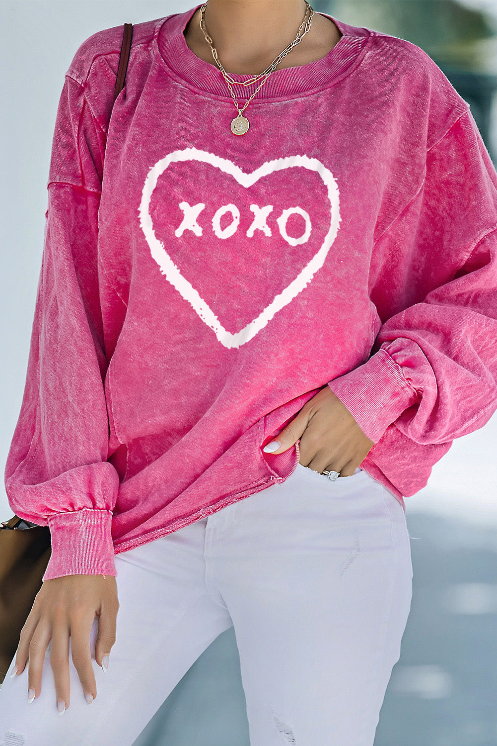 Rose XOXO Heart Shaped Glitter Print Patchwork Pullover Sweatshirt - US2EInc Apparel Plug Ltd. Co