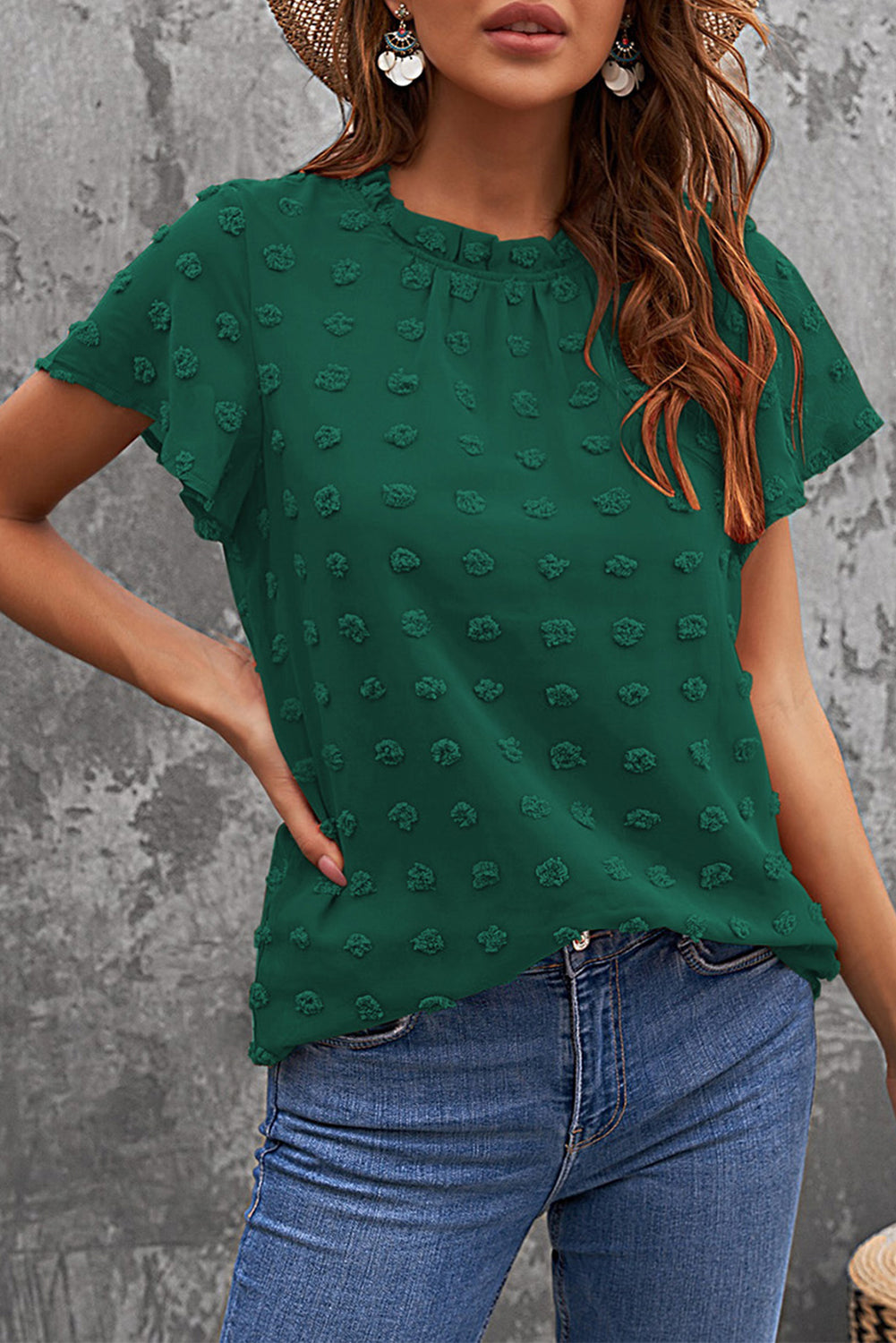 Green Ruffled Sleeve Swiss Dot Womens Tops - US2EInc Apparel Plug Ltd. Co