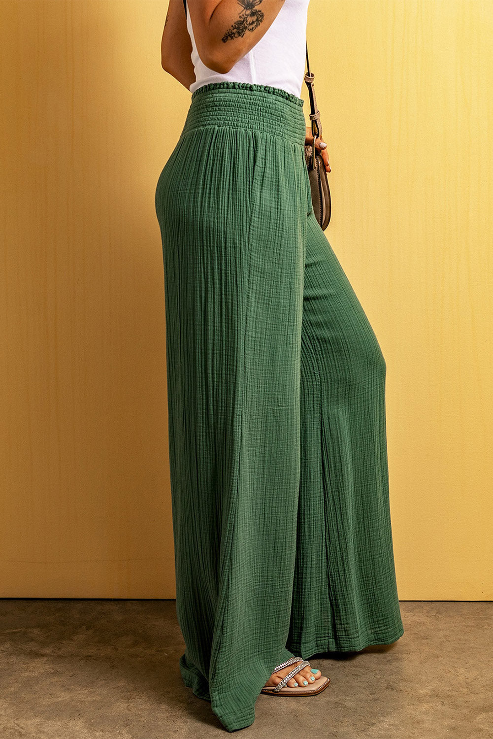 Green Smocked Waist Crinkled Wide Leg Womens Pants - US2EInc Apparel Plug Ltd. Co