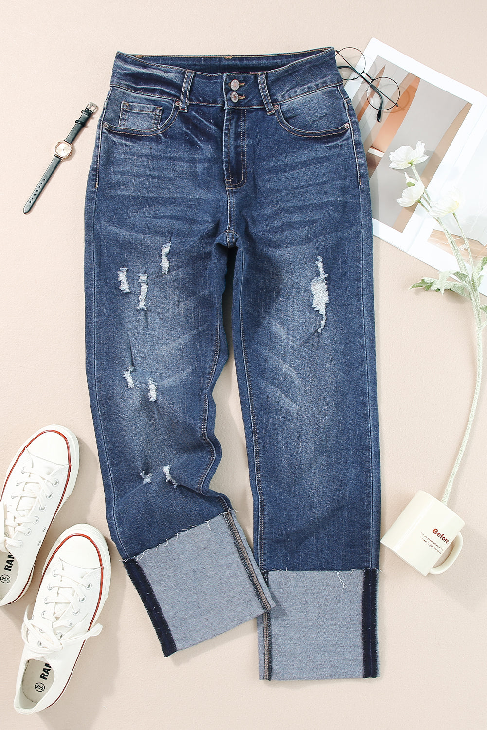 Blue High Waist Distressed Straight Leg Womens Jeans - US2EInc Apparel Plug Ltd. Co