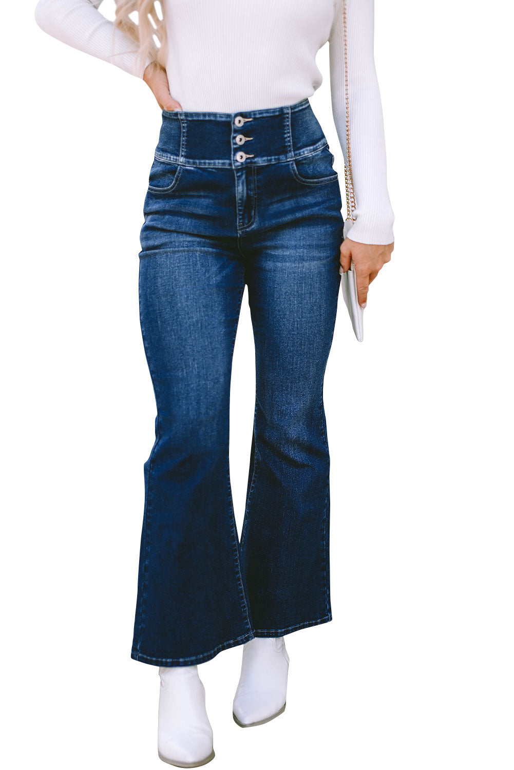 Blue Buttons Elastic Wide Waistband Back Flare Womens Jeans - US2EInc Apparel Plug Ltd. Co