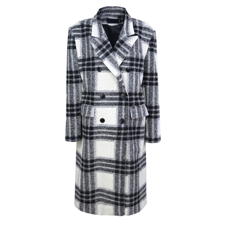 Loose Fit White Plaid Big Size Long Woolen Coat Parkas New Long Sleeve Women Fashion Tide Autumn Winter