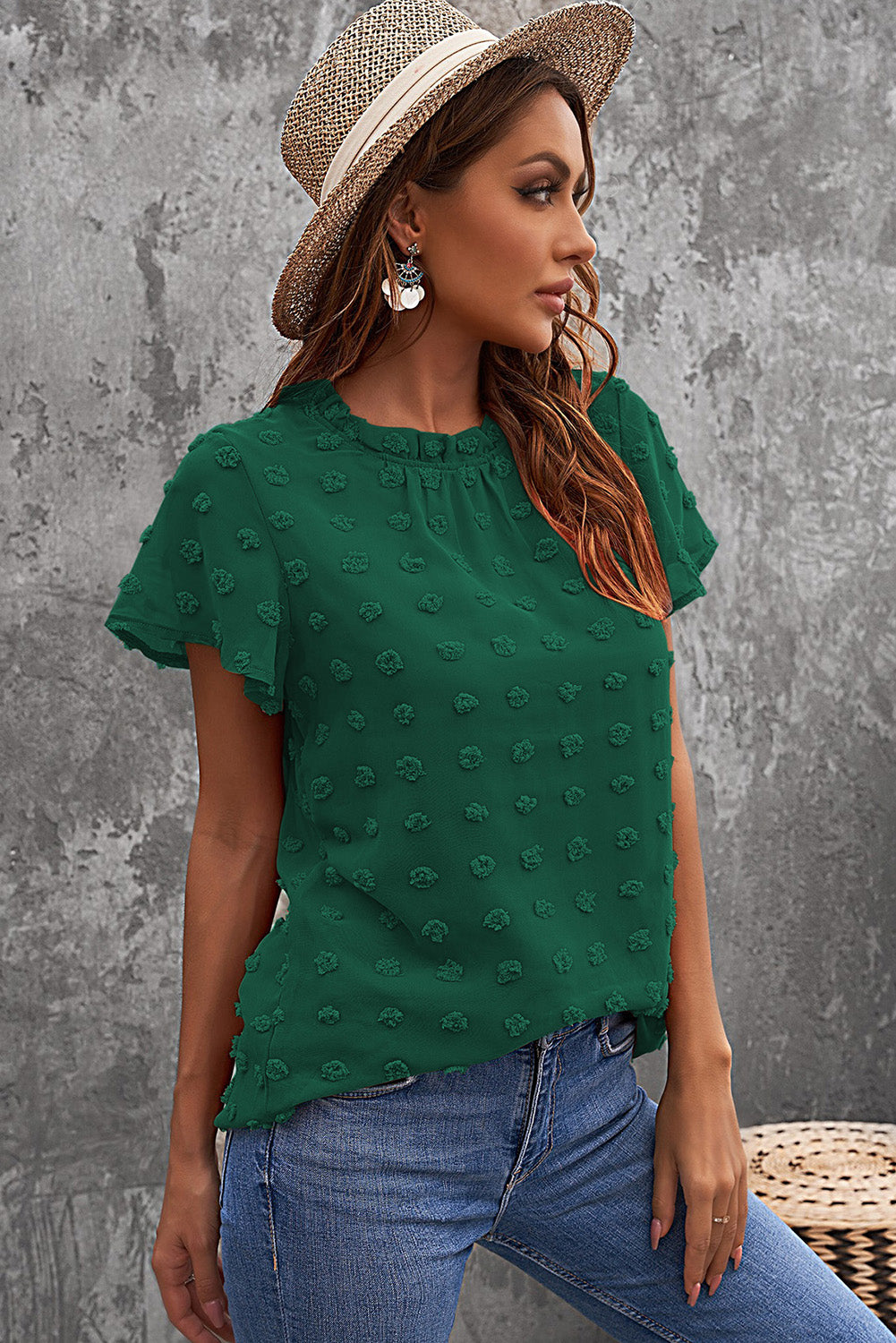 Green Ruffled Sleeve Swiss Dot Womens Tops - US2EInc Apparel Plug Ltd. Co