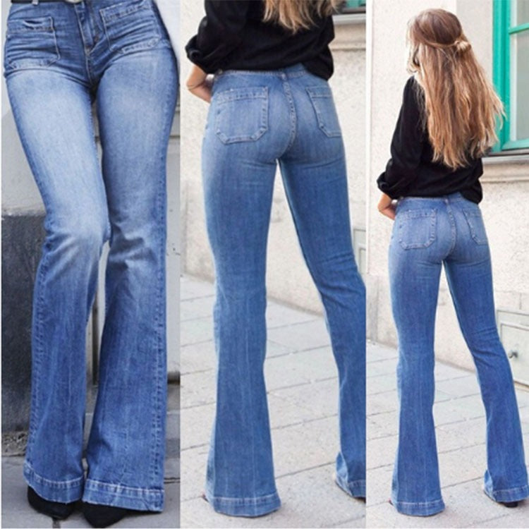 Women's Flared Jeans Stretch Fashion High Waist Vintage Casual Full Length Slim Streetwear Wide Leg Flare Pants