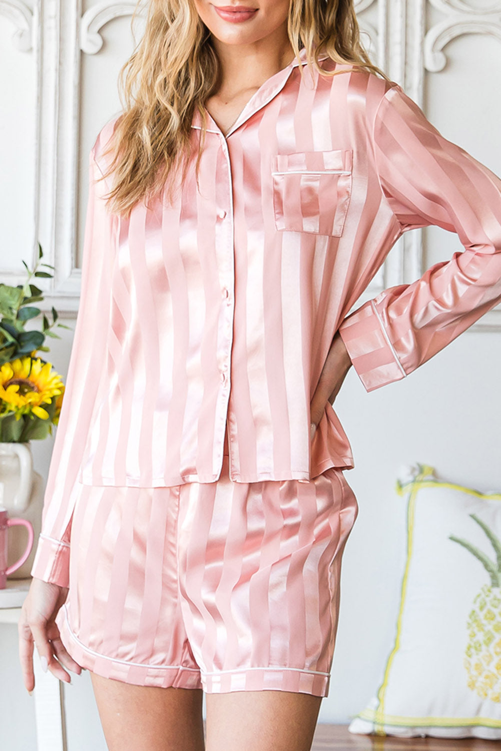Pink Striped Print Buttoned Shirt and Drawstring Womens Shorts Lounge Set - US2EInc Apparel Plug Ltd. Co
