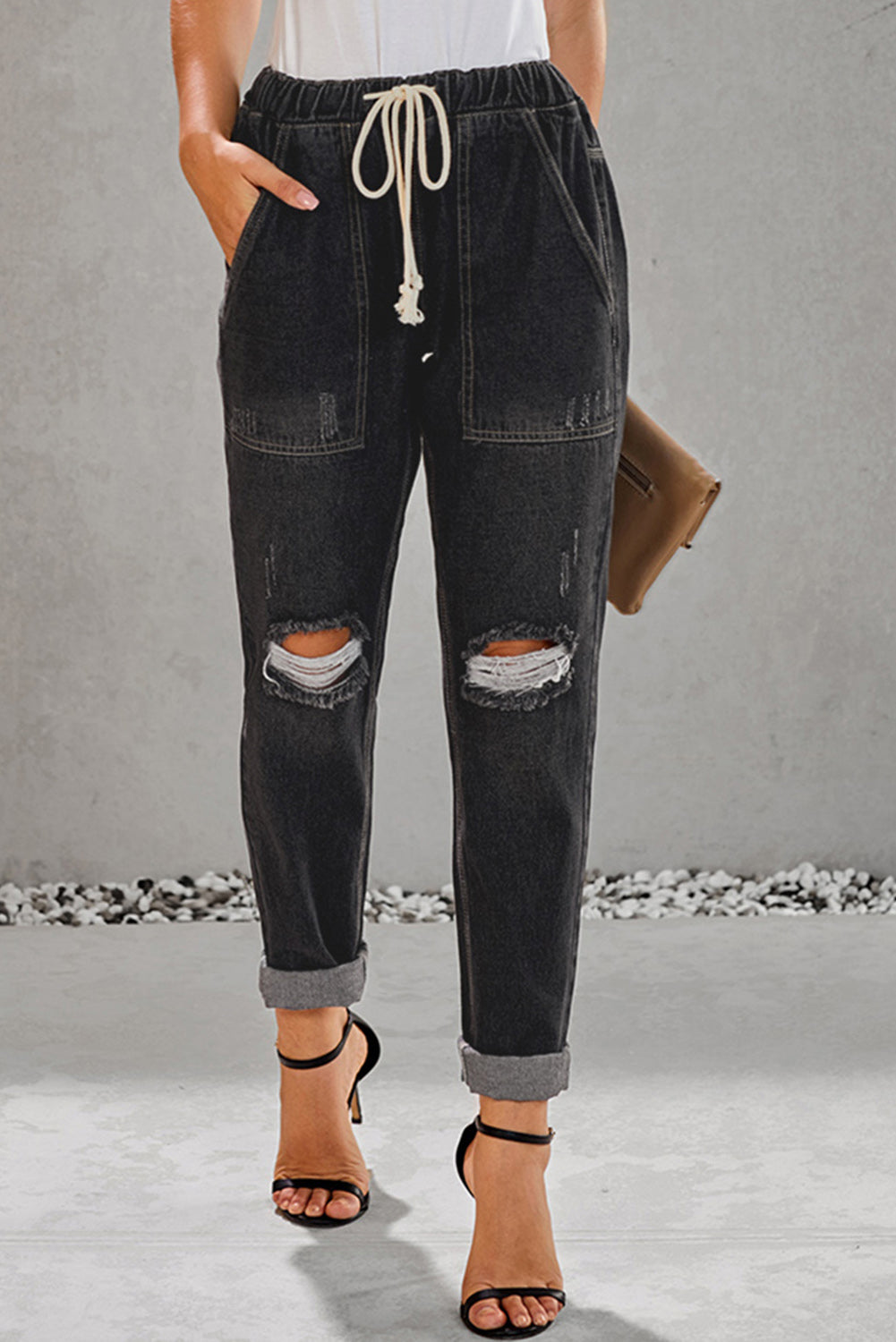 Black Gather Round Distressed Pocketed Denim Womens Jogger - US2EInc Apparel Plug Ltd. Co