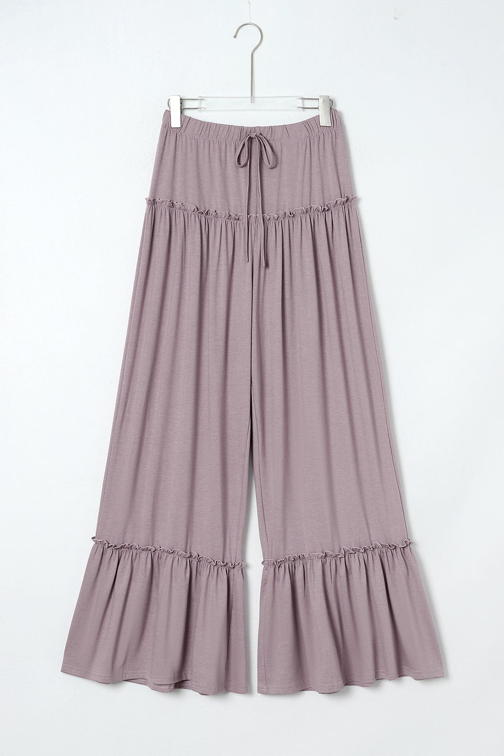 Khaki Frilled Drawstring High Waist Wide Leg Womens Pants - US2EInc Apparel Plug Ltd. Co