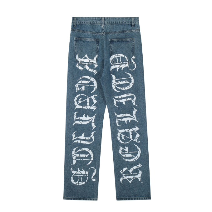 American High Street Washed Gothic Letter Printed Jeans Unisex Fashion Brand Loose Wide Leg Casual Straight Leg Pants