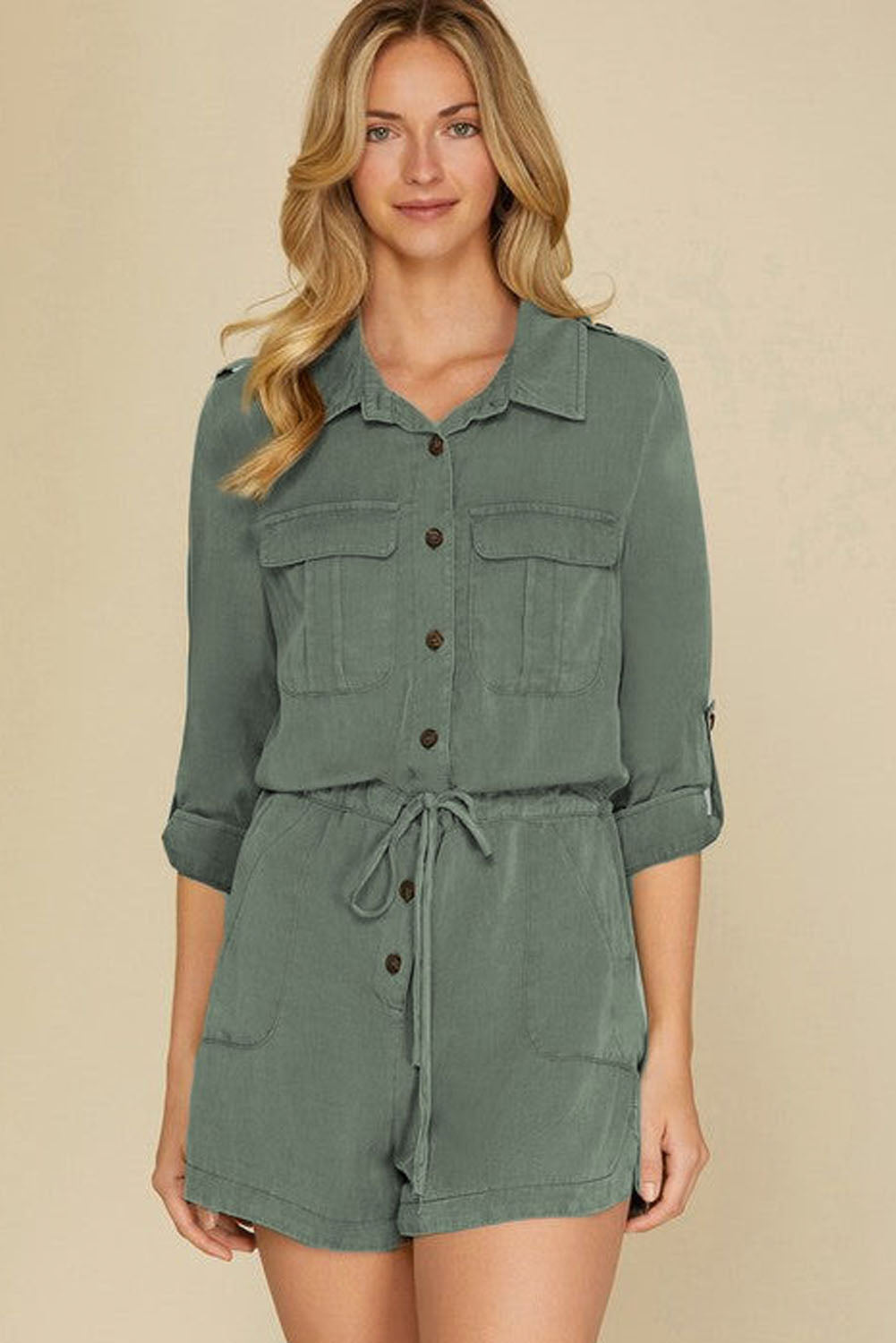 Jungle Green Roll up Sleeve Flap Pockets Womens Drawstring Playsuit - US2EInc Apparel Plug Ltd. Co