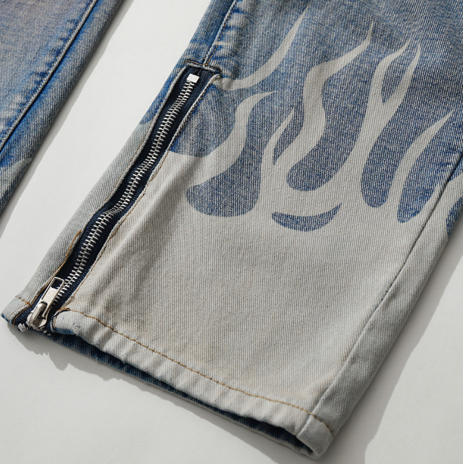 Trendy brand spray painted torn jeans for men hiphop fashion hip-hop fashion pants with flame straight leg cropped pants